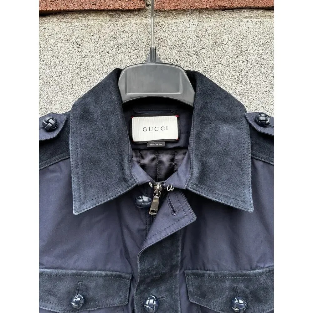 GUCCI Cotton Blend Leather Washed Gabardine Jacket Blue Sz 48 US 38